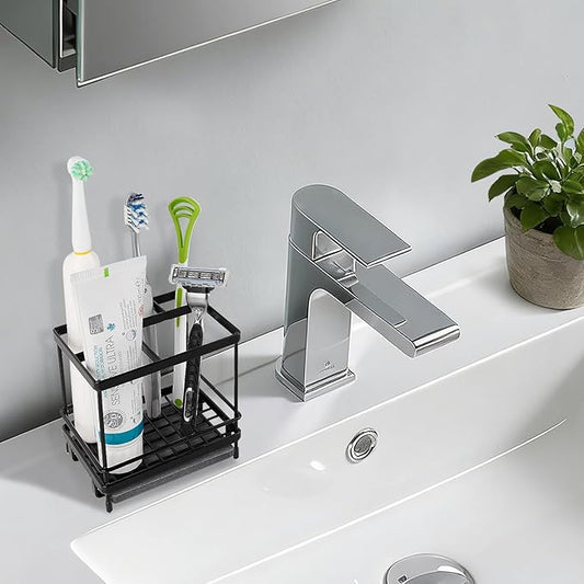 Carbon Steel Toothbrush Holders for Bathrooms, 5 Slots Kids Electric Tooth Brush and Toothpaste Organizer for Countertop, Shower, Vanity, Black