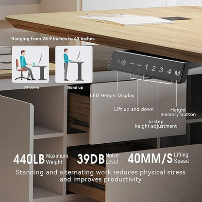 86" L Shaped Adjustable Height Executive Desk with Drawers and Cabinet, White Electric Stand Up Desk with LED, Functions 4-Preset Memory, Power Outlets, 2.36" Thickened Desktop for Office