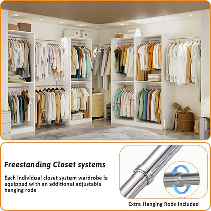 Closet System with 3 Hanging Rods& Shelf , 2FT Small Closet Organizer System Wood with Extra Side Hanging Rod for Walk in Closet Storage, Modular Closet Systems, White(2FT)
