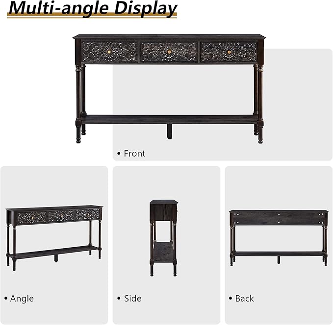 55.5" Carved Console Table with 3 Drawers, 2-Tier Sofa Table with Glossy Floral Surface and Solid Wood Legs, Mid-Century Modern Entryway Table for Living Room Hallway (Antique Black-Brown)