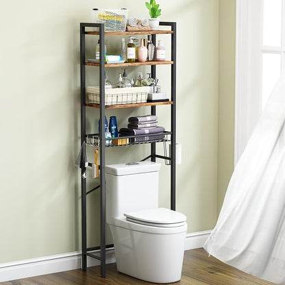 Kalrin Over-The-Toilet Storage Rack, 4-Tier Bathroom Organizer Shelf Over Toilet with Adjustable Shelf and Basket, Freestanding Space Saver Bathroom Shelves Above Toilet for Room (Vintage Brown)