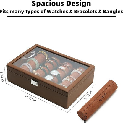Bracelets Organizer Rods Bangles Display Holder, Clear See through Lid Leather Velvet Jewelry Storage Box Case for Women, 4 Rods Brown Leather