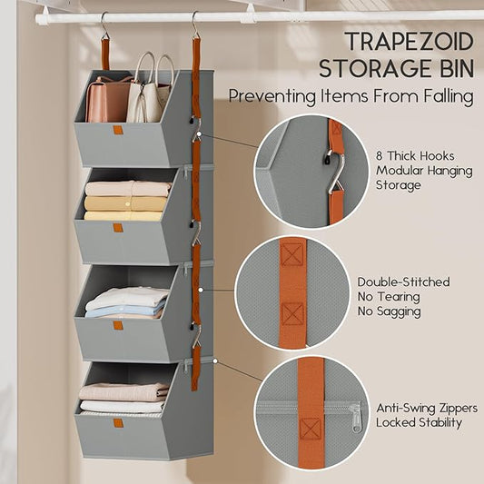 Hanging Closet Organizer 4 Tier - Clothes Hanging Shelves, Space-Saving Closet System, Fabric Storage Bins Bedroom Organization, Collapsible Baskets for Home, Dorm, Rv, Grey, 2 Pack