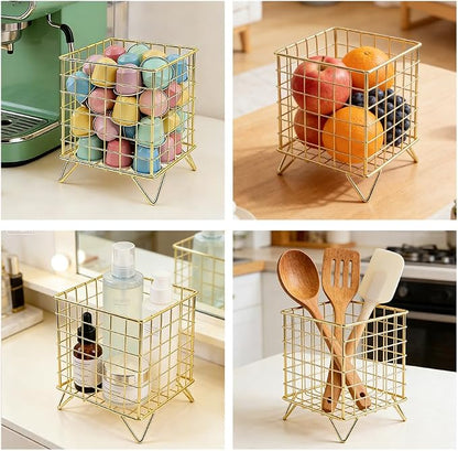 Countertop Organizer Coffee Pod Holder with Ice Tea Spoon, Modern Metal Storage Basket Tabletop Decorative Kitchen Office Bar Accessories for Hold K-cups Coffee Capsules Tea Bags(COLOR:Gold)
