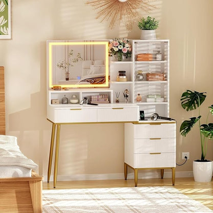Lighted Vanity Desk with Mirror & Lights – Compact Vanity with5 Drawers ， Built-in Power Strip & USB, Adjustable Shelves, Fluted Panel Design, Makeup Organizer with Storage Shelf for Bedroom,White