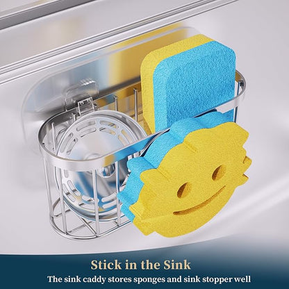 Consumest Sponge Holder Smiley Face - Kitchen Sink Caddy, Sink Organizer with Removable Suction Cups & Adhesive Strips, Suit for Sponge, Soap, Silver