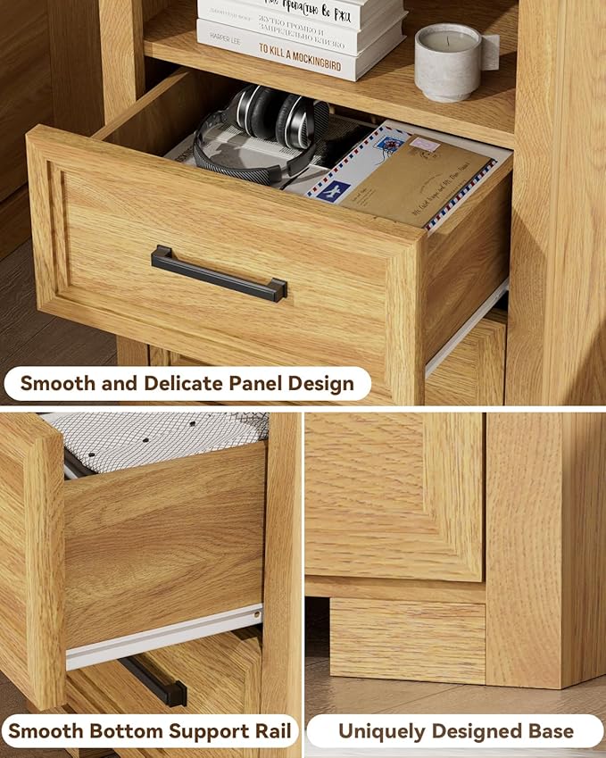 Nightstand Set of 2, Night Stand with Charging Station, End Table with 2 Drawers, Wood Rustic Side Table with Open Storage Shelf, for Bedroom, Living Room, Natural Oak
