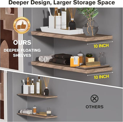 JPND Wall Shelf Set of 3, Walnut Floating Shelves 24 in W x 10 in D x 1 in H, Wooden Floating Wall Shelf with Invisible Brackets for Living Room/Bedroom/Bathroom/Kitchen Storage and Decor