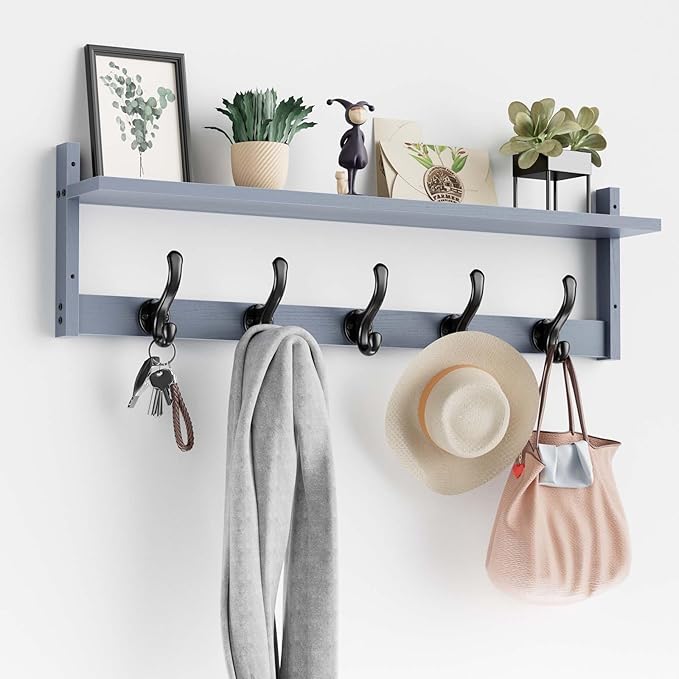 Tatub 29'' Coat Rack Wall Mount with Shelf, Wood Wall Hooks with Storage, Entryway Shelf with 5 Coat Hangers for Bathroom, Living Room, Bedroom, Grey