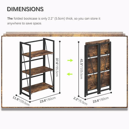 4NM No Assembly Folding Bookshelf Storage Shelves 3 Tiers Vintage Bookcase Standing Racks Study Organizer Home Office (Rustic Brown Black)