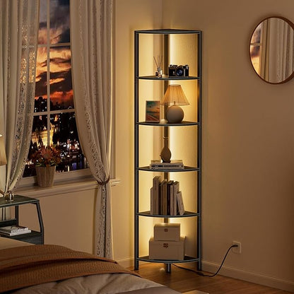 Furnulem 6 Tier Corner Shelf with LED Light, 67.5” Tall Standing Shelf Organizer, Black Narrow Bookshelf with Storage Rack for Wall Corner, Living Room, Bedroom, Metal Frame, Wood Display Shelf