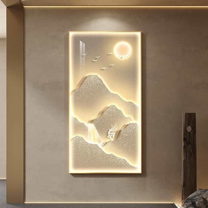 LED Lighted Mountain Wall Art for Living Room, Large Framed Modern Gold Sun Waterfall Pints Artwork for Walls, Minimalist Nature Landscape Dimmable Bright Wall Decor for Hallway, Entryway, Office
