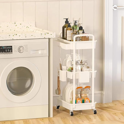 LLMRR 3 Tier Rolling Utility Cart with Drawer, Plastic Storage Organizer Rolling Carts with Wheels Handles Hanging Cups Hooks for Office, Bathroom, Kitchen,Craft Art Room (White)