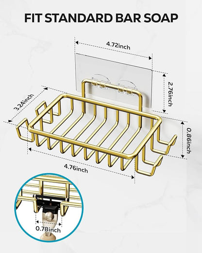 Nieifi Bar Soap Holder for Shower Wall with 4 Hooks, Stainless Steel Adhesive Soap Dish for Bathroom, Golden