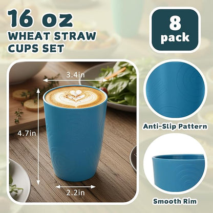 Wrova Wheat Straw Cups Set Alternative to Plastic Cups 16 oz, Reusable Drinking Water Glasses Set of 8, Dishwasher Safe Kitchen Cup Sets for Juice,Coffee,Milk- Vibrant