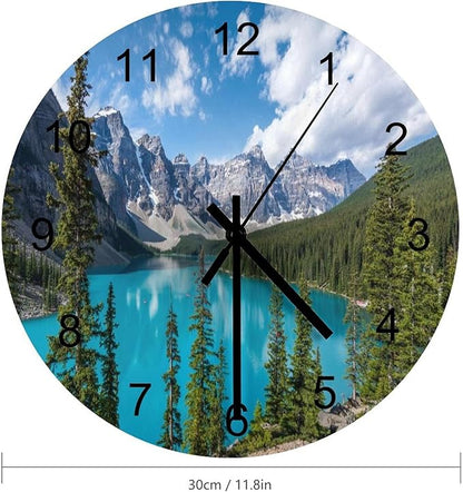 Scenic Nature Wall Clock 12 Inch Silent Non Ticking Clock Wooden, Natural Landscape Lake Mountain Forest Tree Woodland Scenery Wall Clock Battery Operated Kitchen Bedroom Living Room Decor