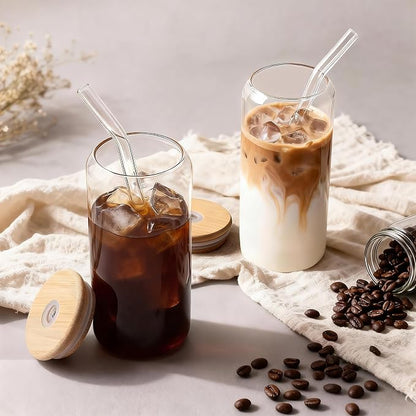 Iced Coffee Cups with Lids 2 pcs: 20 oz Glass Cups with Lids and Straws as Coffee Bar Accessories - Beer Drinking Glasses - Reusable Glass Tumbler,Cute Coffee Cups for Coffee,Juice,Gifts