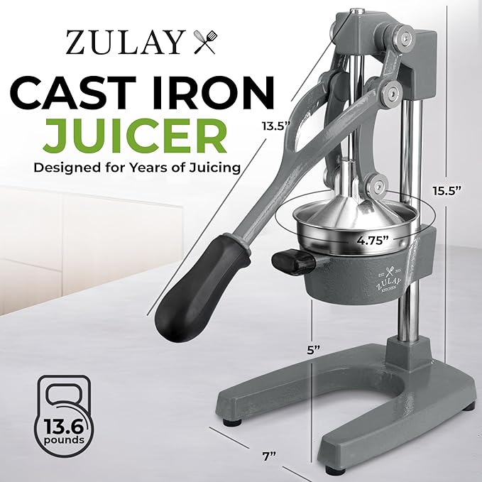 Zulay Kitchen Cast Iron Juicer - Heavy Duty Manual Juicer with Detachable Strainers for Easy Cleaning, Orange Juice Press for Citrus Fruits, Perfect for Bartenders, Juice Lovers & Health Enthusiasts