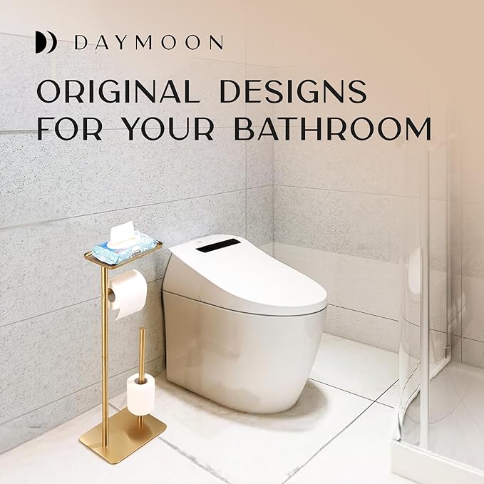 Day Moon™ Gold Toilet Paper Holder Free Standing Toilet Paper Holder with Storage - Toilet Paper Stand and Tissue Holder for Bathroom - Toilet Paper Holder with Shelf and Wipe Holder