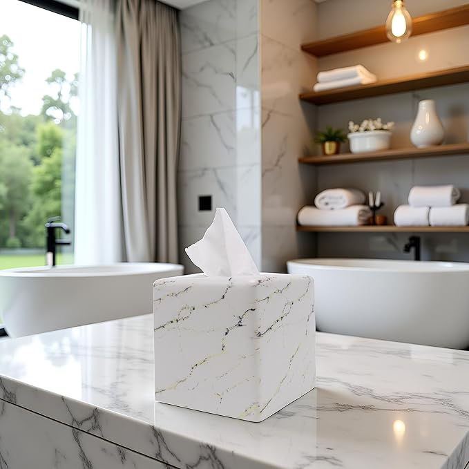 Marble Tissue Box Cover Square Decorative Stone Klenex Box Holder for Bathroom & Living Room with Handcrafted Texture (Marble-A)