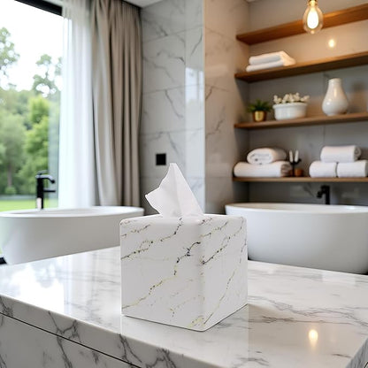Marble Tissue Box Cover Square Decorative Stone Klenex Box Holder for Bathroom & Living Room with Handcrafted Texture (Marble-A)