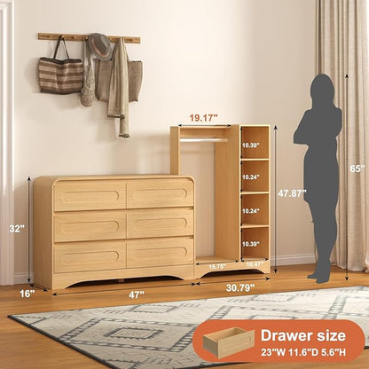 Dresser with Clothes Hanging Rack, Pre-Installed Slides for Fast Installation, 3-in-1 Wardrobe Closet with Drawers and Shoe Shelves, Modern Wood Storage Armoire for Bedroom,Natural Oak
