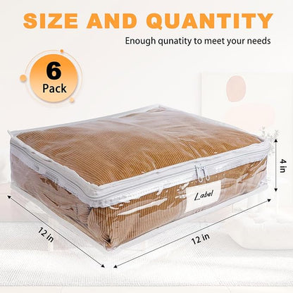 Clear Zippered Storage Bags Plastic Sweater Storage Bags with Zipper 6 Packs Clothing Organizer for Blankets Linen Sweater Bed Sheet Quilt Clothes Pillow (12 x 12 x 4 Inch, White)