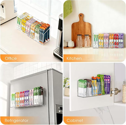 AIEVE Drink Packet Organizer, Mountable Water Packet Organization Holder with Adhesive & Magnetic Sticker, Pantry Organizers Kitchen Storage for Countertop Table Fridge Cabinet
