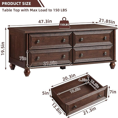 48" Farmhouse Coffee Table with Hidden Storage,Wooden Coffee Tables with 4 Drawers & Roman Column Handle,Rectangular Rustic Center Table with Solid Wood Curved Base for Living Room,Office,Walnut
