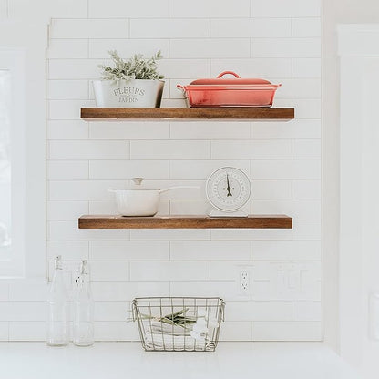 URBANDI, Rustic Floating Shelves, Set of 2, Hidden Bracket, Solid Wood, Heavy Duty, Wall Mounted Shelves, (Provincial, 48Wx12D)