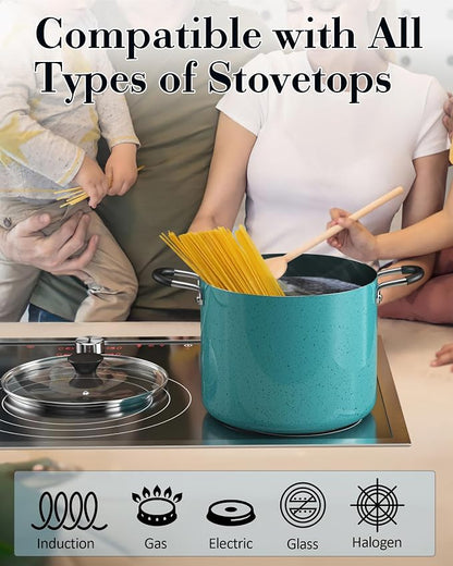 Cook N Home Professional 8 Quart Non Stick Stock Pot with Lid, Riveted Handles, Big Soup Pot for Holiday Feasts, Stockpot with Even Heating, Induction Cookware, Oven & Dishwasher Safe, Turquoise