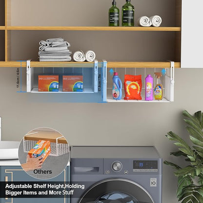 AmonHouseware 2 Pack Hanging Under Shelf Storage Basket,Adjustable Under Cabinet Add-on Storage Racks Slide-in Baskets Organizer for Laundry Room Kitchen Pantry Desk Bookshelf, White