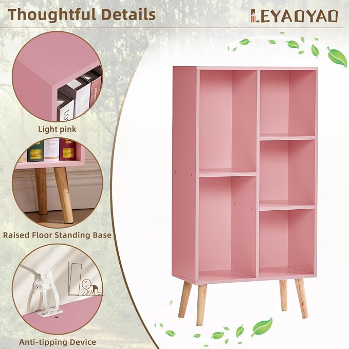 LEYAOYAO 5 Cube Bookshelf 3-Tier Bookcase with Legs,Mint Light Pink Kids Book Shelf Cute Storage Organizer,Free Standing Open Toy Shelves Wood Bookshelves,Display Bookcases for Bedroom,Living Room
