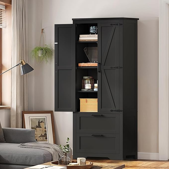 TEENFON 66.2" H Storage Cabinet, Farmhouse Kitchen Pantry Cabinet with 2 Drawers & Adjustable Shelf, Bathroom Cabinet, for Living Room, Kitchen, Bathroom, Black