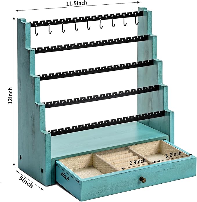 Pinzoveco Earring Organizer, 5 Layer Earring Holder Organizer with Necklace Holder Pole, Rustic Wood Jewelry Organizer Stand Display for Stud Earring Bracelet Necklace Ring, 175 Earring Holes