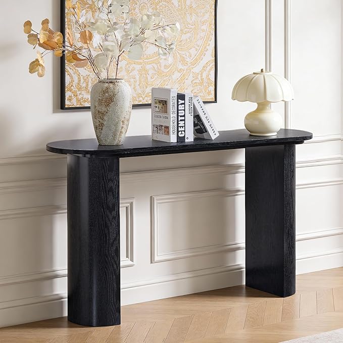 55" Console Table for Entryway, Narrow Sofa Entrance Table with Faux Mars Marble Pattern, Modern Sofa Tables with Rounded Curved Edges for Living Room, Hallway, Foyer, Home Office, Black