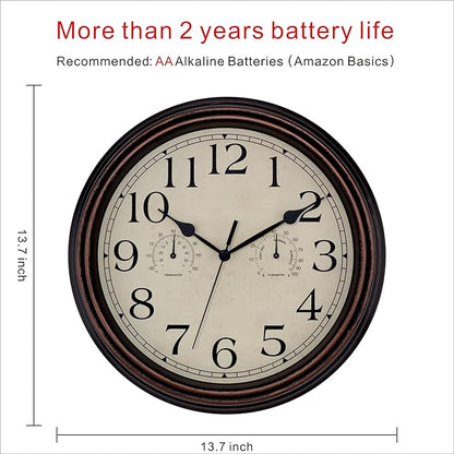Foxtop Indoor Outdoor Waterproof Wall Clock with Thermometer and Hygrometer Combo, 14 Inch Retro Silent Non-Ticking Battery Operated Quartz Round Outdoor Clocks for Patio Home Office (Bronze)