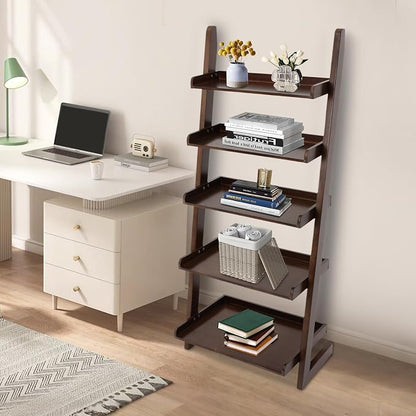 Ladder Bookshelf, 5 Tier Leaning Bookshelf Leaning Ladder Shelf with Stable Structure Rustic Style Ladder Shelves Storage Rack for Living Rooms, Bedrooms, Study Rooms (Walnut-Brown)