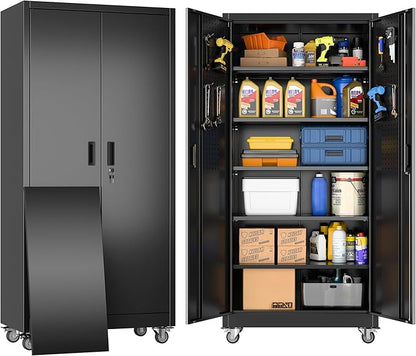 Garage Storage Cabinet with Wheels & Pegboard, Lockable Metal Storage Cabinet with Doors and 5 Adjustable Shelves for Garage, Home, Storage, Assembly Required, Black, 71" H×34" W×18" D