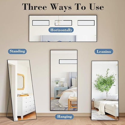 NEWBULIG Mirror Full Length, 56"x15" Body Wall Mirrors with Shatter-Proof Glass, Upgraded Floor Standing Mirror, Hanging or Leaning, with Stand Aluminum Alloy Frame for Home Decor, Bedroom, Black