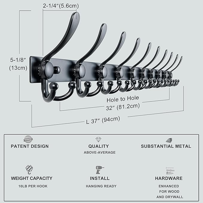 Dseap MaxStrong 2.0 Coat Rack Wall - 37” Long 10 Tri Hooks - Ultra Heavy-Duty Stainless Steel Wall Mount Coat Hanger, Hook Rail for Clothes Hats Jacket Towels Black, Pack of 2