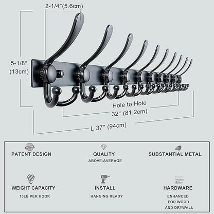 Dseap MaxStrong 2.0 Coat Rack Wall - 37” Long 10 Tri Hooks - Ultra Heavy-Duty Stainless Steel Wall Mount Coat Hanger, Hook Rail for Clothes Hats Jacket Towels Black