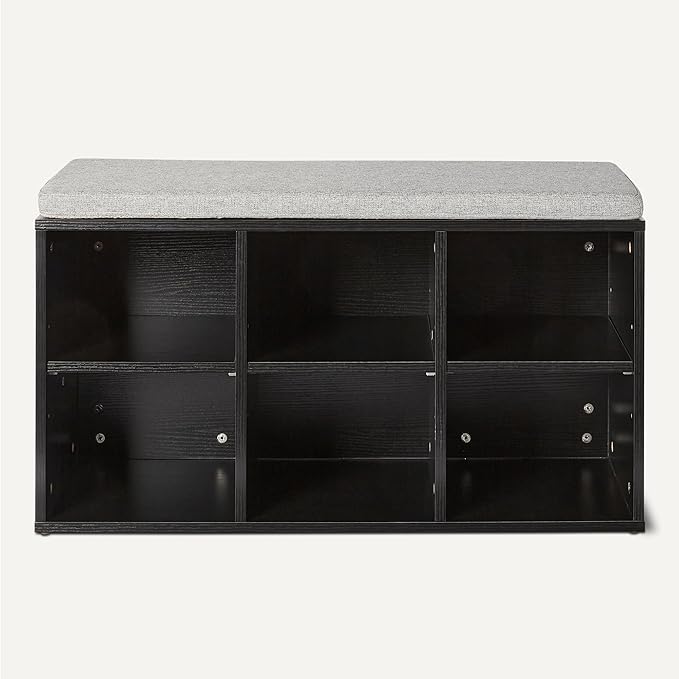 Amazon Basics Shoe Storage Bench with Cushion, 6 Cubbies, Adjustable Storage Shelves, Black