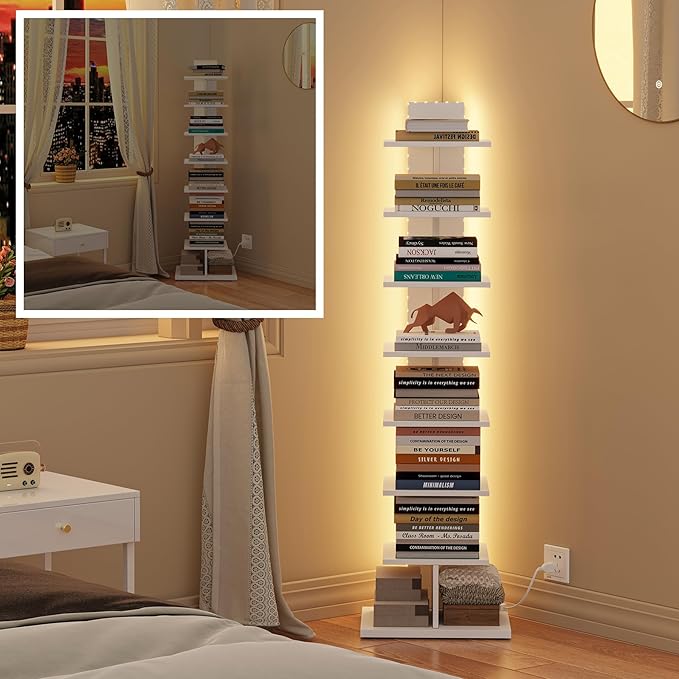 TUTOTAK Narrow Bookshelf, 8-Tier Bookcase with LED Lights, Spine Book Shelf for Small Space, Corner Standing Shelf for Living Room, Office, Study, Entryway, White BS06BW008L