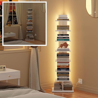 TUTOTAK Narrow Bookshelf, 8-Tier Bookcase with LED Lights, Spine Book Shelf for Small Space, Corner Standing Shelf for Living Room, Office, Study, Entryway, White BS06BW008L