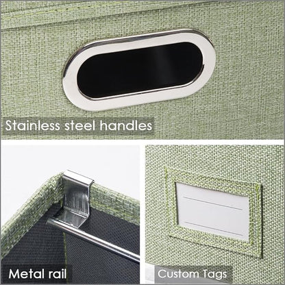PRANDOM File Organizer Box - Set of 2 Collapsible Decorative Linen Filing Storage Hanging File Folders with Lids Office Cabinet Letter/Legal Size Green 17x14x11.2 inch