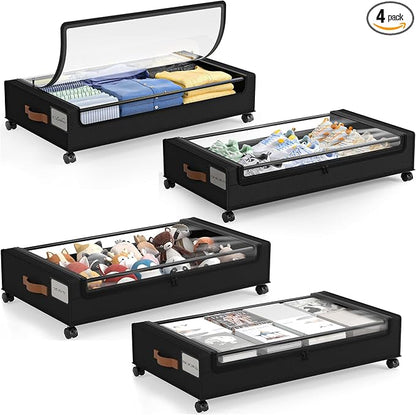 LAMU Under Bed Storage with Wheels, 4 Pack Under Bed Storage Containers with Clear Lid, XXL 60 L Underbed Storage Bins, Rolling Under Bed Metal Drawers for Clothes, Blankets, Shoes, Black