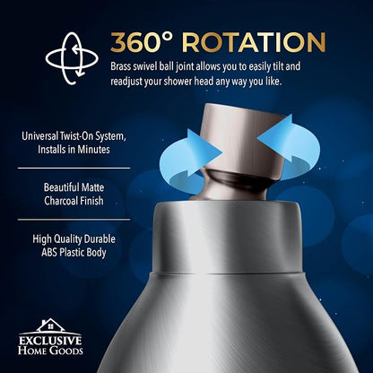 High Pressure Shower Head - Powerful Deluxe Bathroom Showerhead with Strong Spray Stream and Small Silicone Nozzles - Universal Fit Works with High and Low Water Flow Showers Matte Charcoal -1.8 GPM