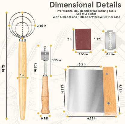 Danish Dough Whisk - Bread Whisk Set of 3 pieces, Bread Making Tools and Supplies, Danish Sourdough Whisks, Dutch Whisks for Dough, With Dough Scraper Sourdough Cutter, Lame Doughs Scoring Tool Blades
