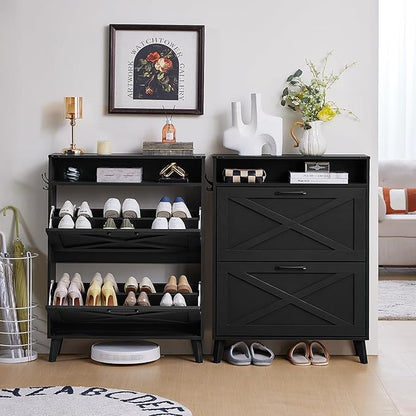 Shoe Storage Cabinet With 2 Flip Drawers, Farmhouse Organizer for Entryway, Narrow Hidden Rack With Wooden Legs & Open Storage, Free Standing Closet for Foyer, Hallway, Black